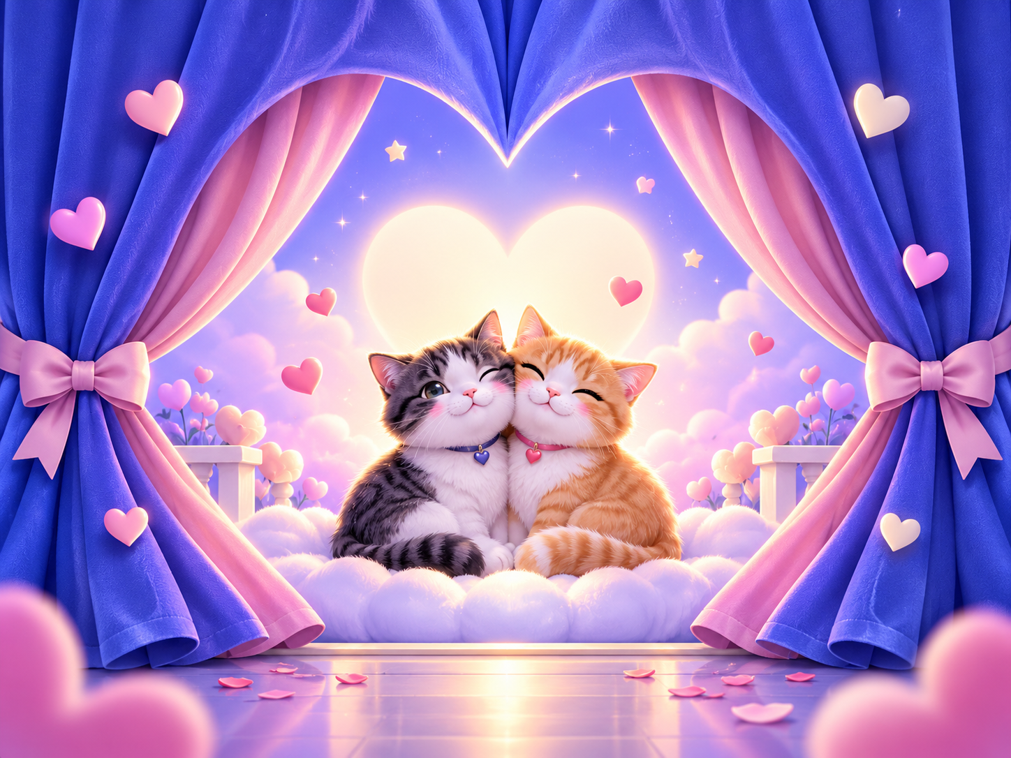 Dos gatitos enamorados detrás de un telón